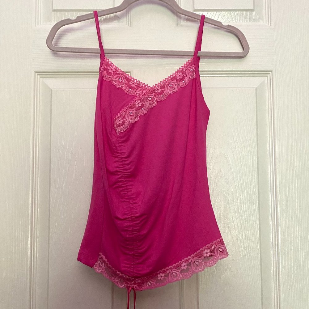 Y2K Pink Ruched Camisole with Lace Detailing